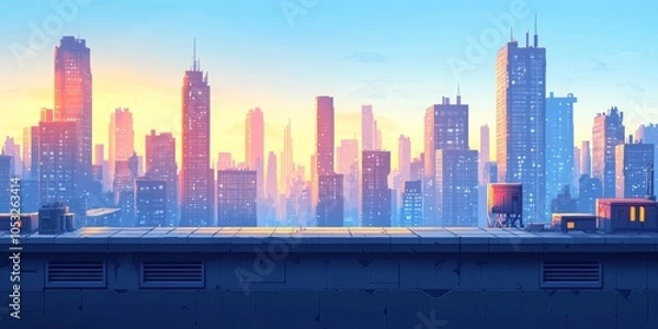 Fototapeta Urban Rooftop Adventure, vibrant 2D cityscape with flat skyscraper roofs, air vents, dynamic floating platforms for engaging gameplay