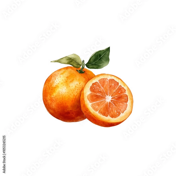 Obraz Illustration of a tangerine with leaves on a white background.
