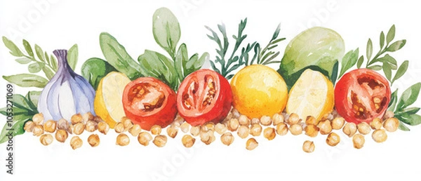 Fototapeta A vibrant watercolor illustration featuring an assortment of fresh vegetables, including tomatoes, garlic, and greens, arranged beautifully on a white background.