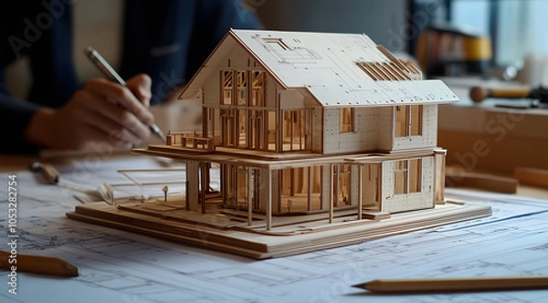 Fototapeta A detailed wooden house model is crafted atop blueprints, with an architect's hands sketching in the foreground. Tools and materials surround the scene, highlighting craftsmanship.

