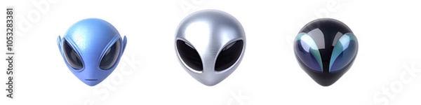 Fototapeta A Silver Alien Head in Cartoon Style. Isolated on a Transparent Background. Cutout PNG.