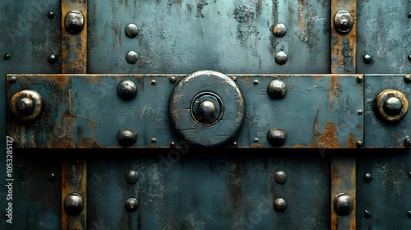 Fototapeta Dark Steel Texture Background with Rivets and Metal Strip