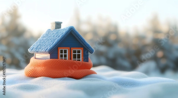 Fototapeta A small house with a blue roof and windows wrapped in an orange scarf on snowy ground, symbolizing winter warmth and energy efficiency in a blurred snowy background.

