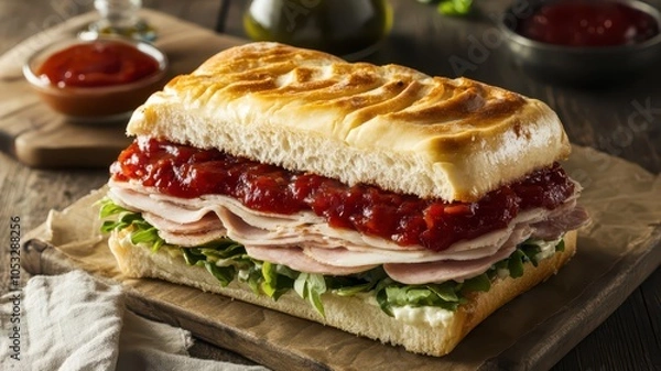 Fototapeta Delicious wholesome sandwich stacked with fresh ingredients and rich flavors for a satisfying meal.
