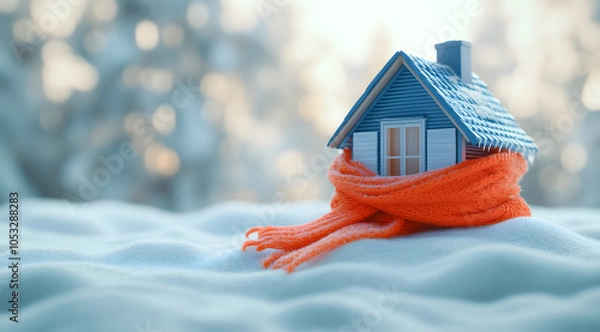 Fototapeta A small house with a blue roof and windows wrapped in an orange scarf on snow, symbolizing winter warmth and energy efficiency against a snowy, blurred background.


