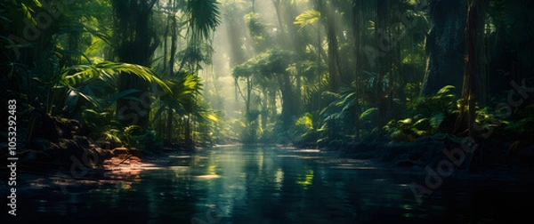 Fototapeta Tropical rainforest, Stunning view Rainforest with sunrise mist and fog rays in the morning.