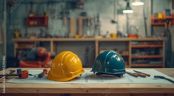 Fototapeta Two construction helmets on a workbench in front of blueprints and tools, captured with a 35mm lens at f/4. The workshop has a blurred background for focus.

