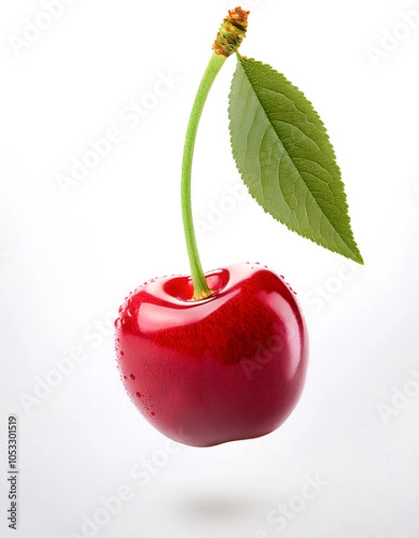 Fototapeta Cherry with leaves floating or flying isolated white background