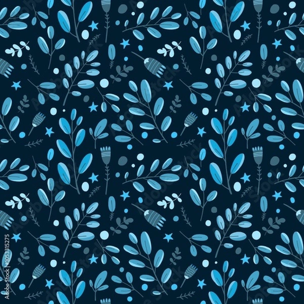 Obraz Seamless Leaves, Branches and Stars Pattern on a Dark Background. Botanical Natural Texture for Fabric, Wallpaper, Packaging and Eco Design