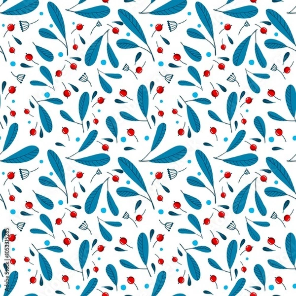 Obraz Seamless Blue Leaves and Berry Pattern on a White Background. Botanical Natural Texture for Fabric, Wallpaper, Packaging and Eco Design