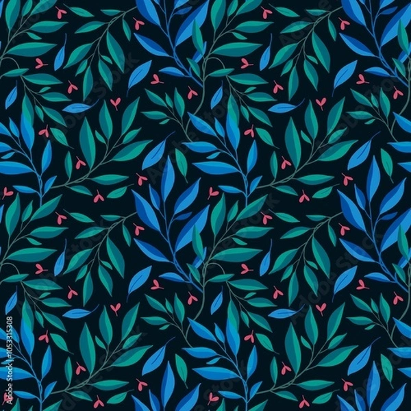 Obraz Seamless Leaves, Branches and Buds Pattern on a Dark Background. Botanical Natural Textures for Fabric, Wallpaper, Packaging and Eco Design
