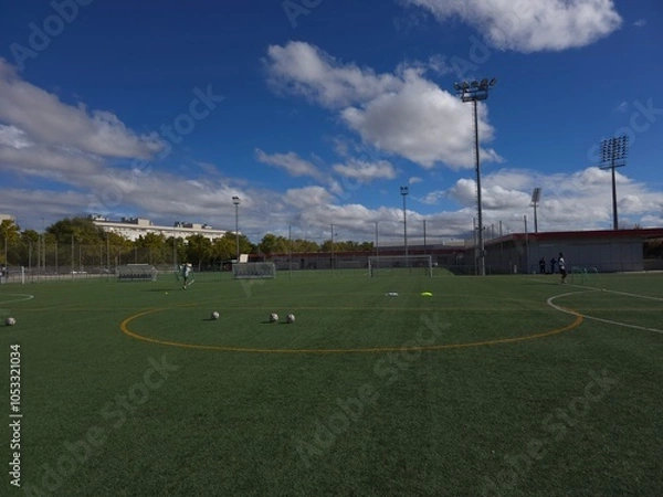 Fototapeta Prepared Football Field with Training Equipment on a Clear Day