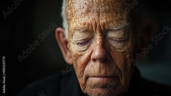 Fototapeta An elderly man sits with his eyes closed, lost in thought, illuminated by gentle natural light, evoking a sense of peace and introspection in a tranquil setting.