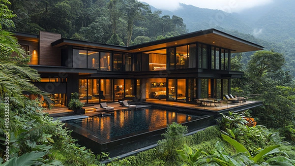 Fototapeta Elevated home with sleek architecture modern design featuring large windows wooden elements and a spacious balcony with a beautiful view
