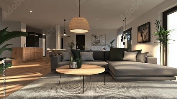 Obraz Modern Open-Plan Living Room with Gray Sofa, Wooden Accents, and Natural Lighting, Ideal for Interior Design Inspiration, Relaxation Spaces, and Contemporary Home Decor Ideas