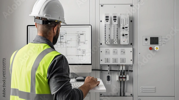 Fototapeta Electrical engineer in safety gear reviewing electrical schematics on computer. professional is focused and attentive, ensuring safety and accuracy in their work