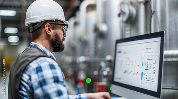 Fototapeta Electrical engineer with helmet and safety vest working on computer in industrial setting, focused on monitoring systems and data analysis