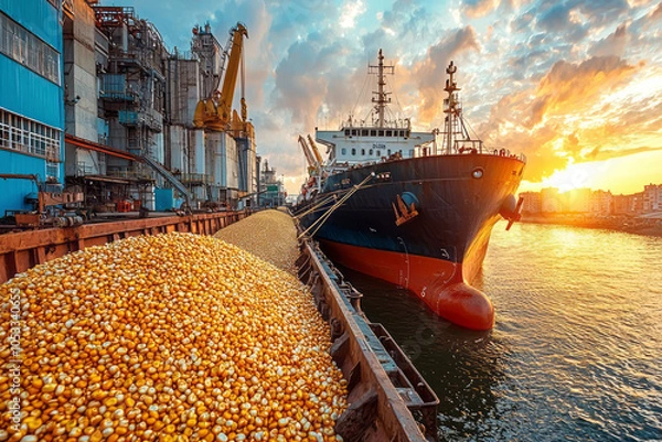 Fototapeta Global Grain Trade: Dry Cargo Ship Loading Corn at Harbor for Worldwide Distribution