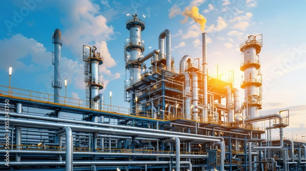 Fototapeta Industrial facility with large pipes and smokestacks under blue sky, showcasing complex network of machinery and equipment. scene captures essence of modern engineering and energy production