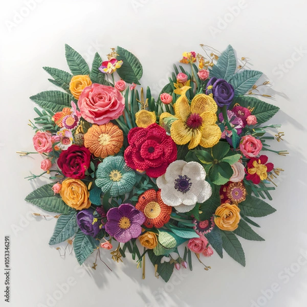 Obraz Embriodered  floral bouquet in the shape of a heart. Crocheted summer wildflowers are gathered in an exquisite delicate bouquet. grass, beads, leaves, twigs.