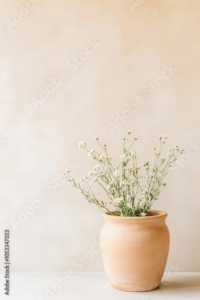 Fototapeta Clay pot with delicate flowers on light backdrop