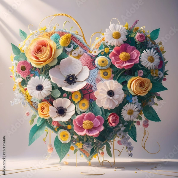 Obraz Floral bouquet in the shape of a heart. summer wildflowers are gathered in an exquisite delicate bouquet. grass, beads, leaves, twigs.