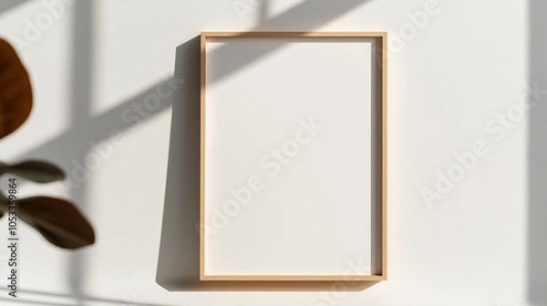 Fototapeta Blank wooden frame hanging on a light wall with natural shadows. Minimalistic interior mockup with empty space for artwork or photo.
