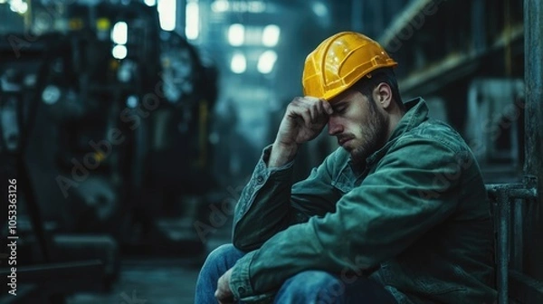 Obraz Depressed Construction Worker in Industrial Setting