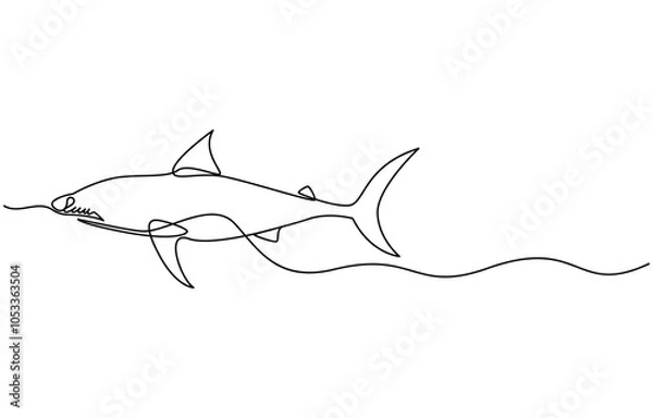 Fototapeta Continuous one line drawing of shark fish. Simple illustration of saltwater fish line art vector illustration, One line drawing of a shark. Graphic vector illustration of shark continuous line drawing