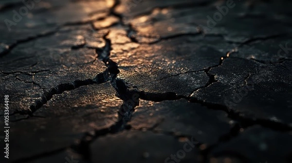 Fototapeta A macro shot of cracked pavement, where the tornado's path ripp,