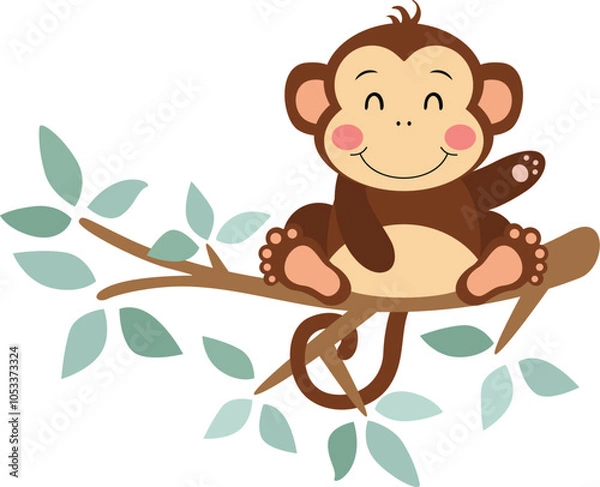 Fototapeta Funny monkey on branch of tree with green leaves