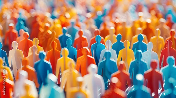 Fototapeta Paper cut out of a large crowd of people standing together. Diverse community and teamwork concept