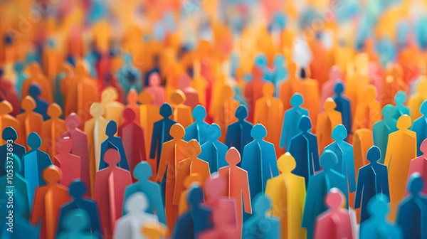 Fototapeta Paper cut out of a large crowd of people standing together. Diverse community and teamwork concept