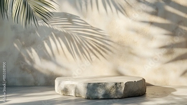 Fototapeta cylinder podium product display with palm leaf shadows with copy space background, generative ai