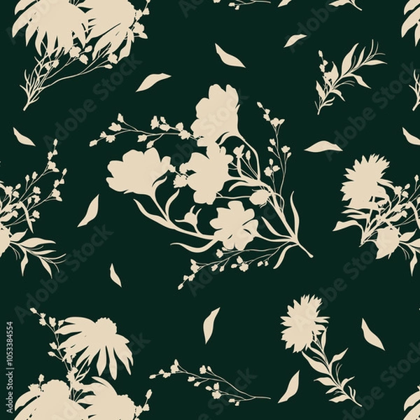 Obraz bicolor contour silhouette seamless pattern with flowers and leaves. Abstract floral spring, summer pattern.
