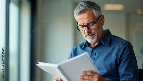 Fototapeta Middle-Aged Man Studying Corporate Code of Conduct in Minimalist Office