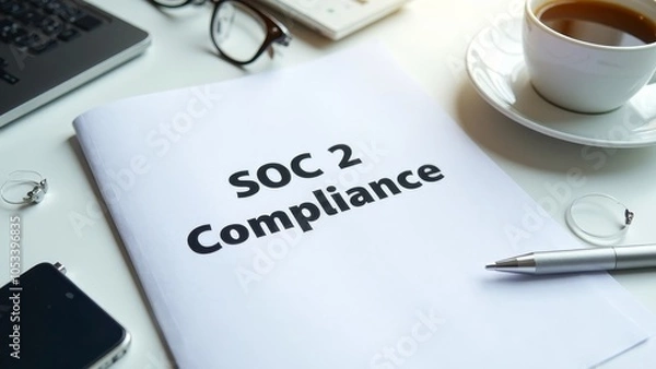 Fototapeta SOC 2 Compliance Manual on a Minimalist Desk with Coffee