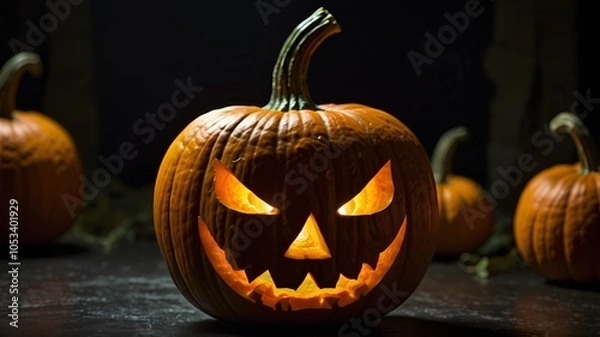 Fototapeta Halloween pumpkins with scary faces on black background, 3d render at night
