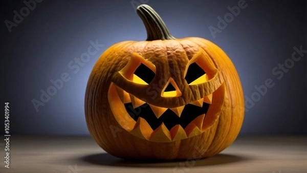 Fototapeta Halloween pumpkins with scary faces on black background, 3d render at night