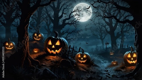 Fototapeta Halloween background with pumpkins and full moon at night