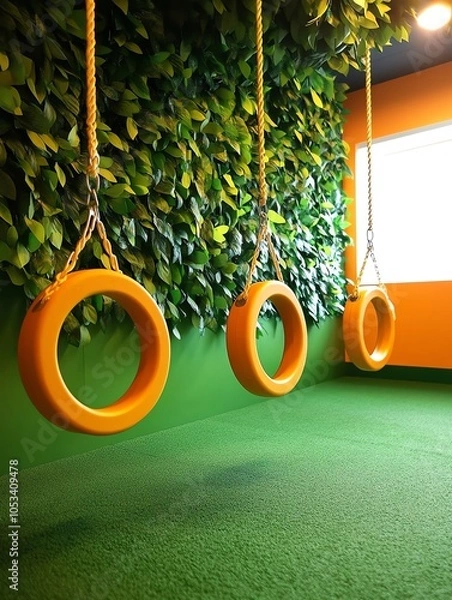 Fototapeta Colorful tire swings hang in a vibrant indoor space surrounded by lush greenery for children activity.