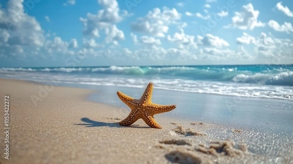 Fototapeta A dried starfish resting on a sun-bleached beach with gentle ocean waves in the distant background