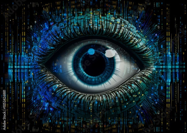 Obraz A close-up of a digitally rendered eye, set against a cybernetic circuit board background, symbolizing technology, surveillance, and artificial intelligence