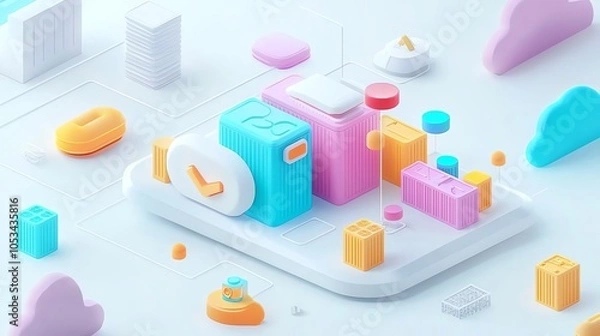 Obraz Kubernetes infrastructure with virtual pods and containers, isometric 3D, light blue and gray theme, tech clean style, no text