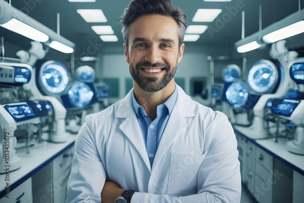Fototapeta Smiling scientist in white coat in high-tech research laboratory with monitors and state-of-the-art equipment