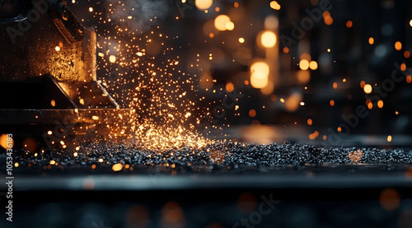 Fototapeta Cast iron melting in the modern factory, a realistic photo shoot, Industrial Metal Casting with Sparks