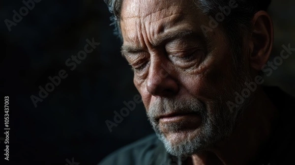 Fototapeta A man with a wise demeanor reflects on life as soft shadows emphasize his features. His downcast eyes evoke nostalgia, creating a profound, introspective atmosphere filled with experience.