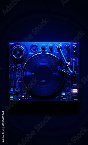 Fototapeta DJ Turntable with Blue Neon Lighting