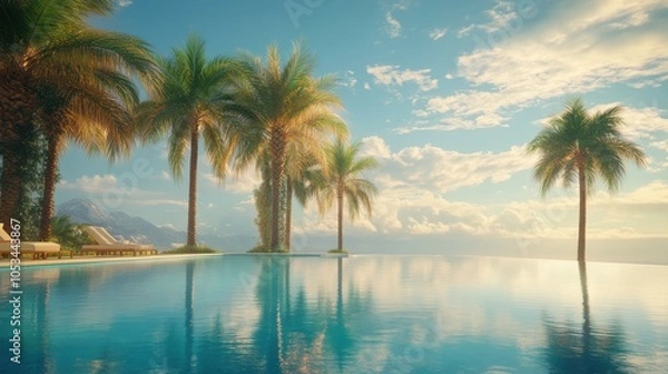 Fototapeta Palm trees reflected in a calm swimming pool at a tropical resort, 4K hyperrealistic photo