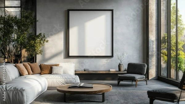 Fototapeta Modern living room with an empty frame on the shelf